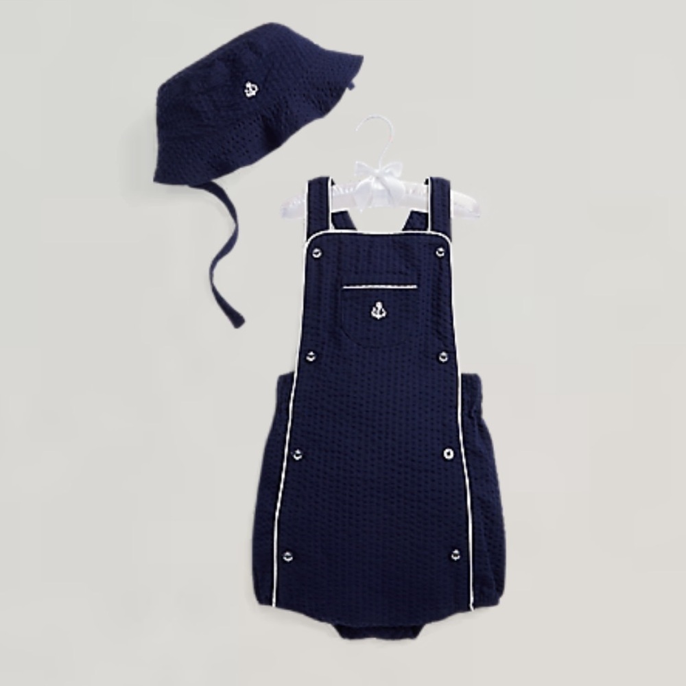 NWT Ralph Lauren baby Cotton Seersucker Shortall & Hat Set Sz 18 months $225